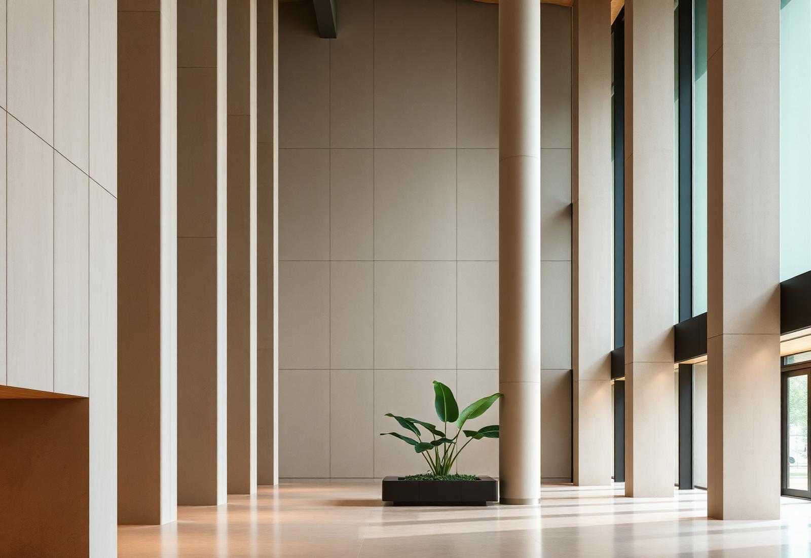 Modern lobby with vertical light and a single planter